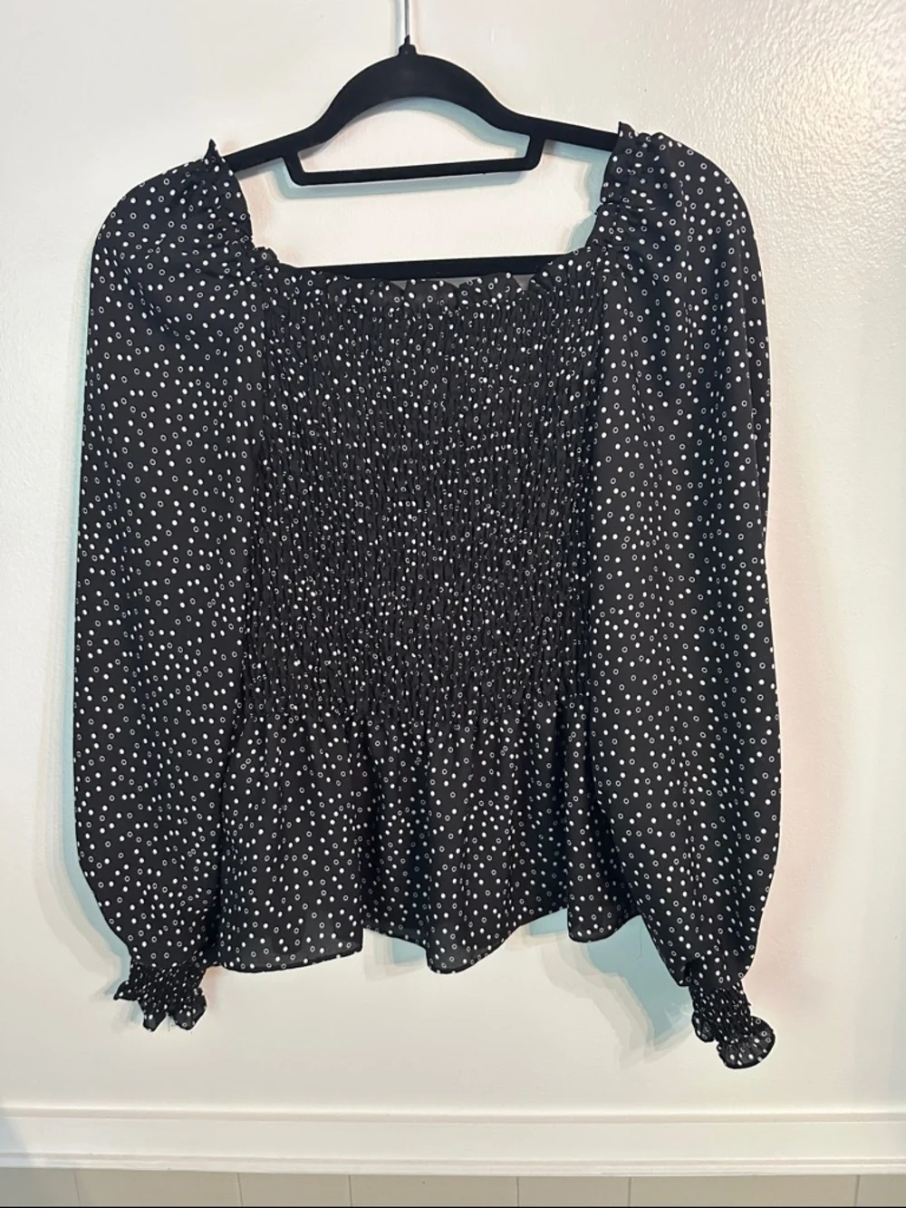 Smocked Peplum Long-Sleeve Top in Black with White Dot Print Size S